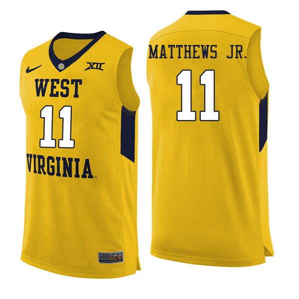 Men #11 Emmitt Matthews Jr. West Virginia Mountaineers College Basketball Jerseys Sale-Yellow